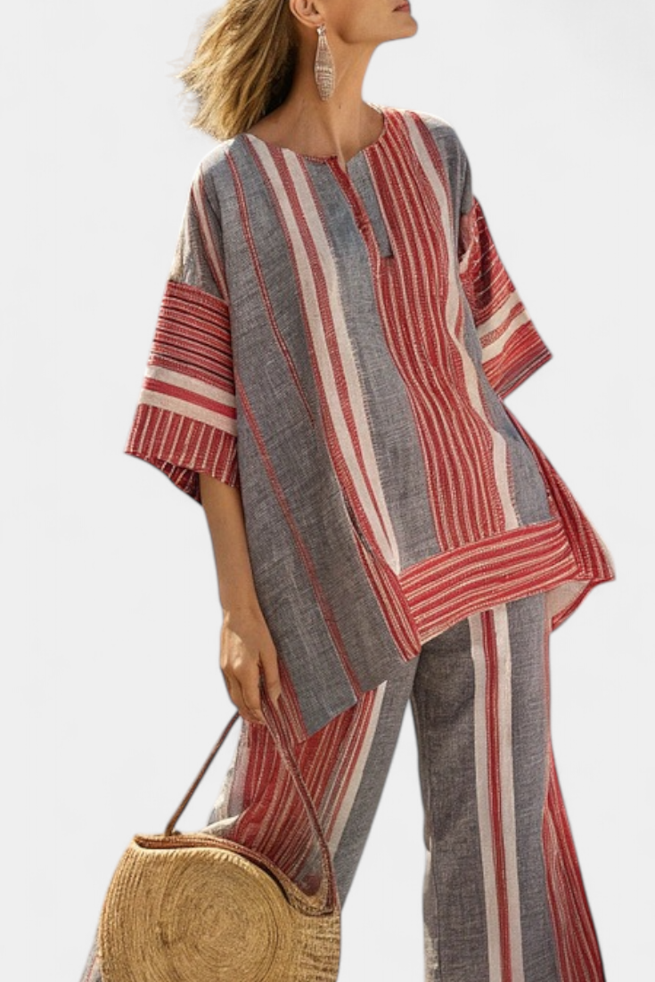 Daisy oversized linen outfit with coral red and grey striped skirt, modern and comfortable style