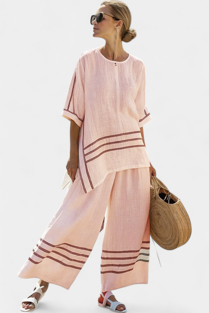 Wide-leg striped trousers with irregular cut – modern, comfortable style