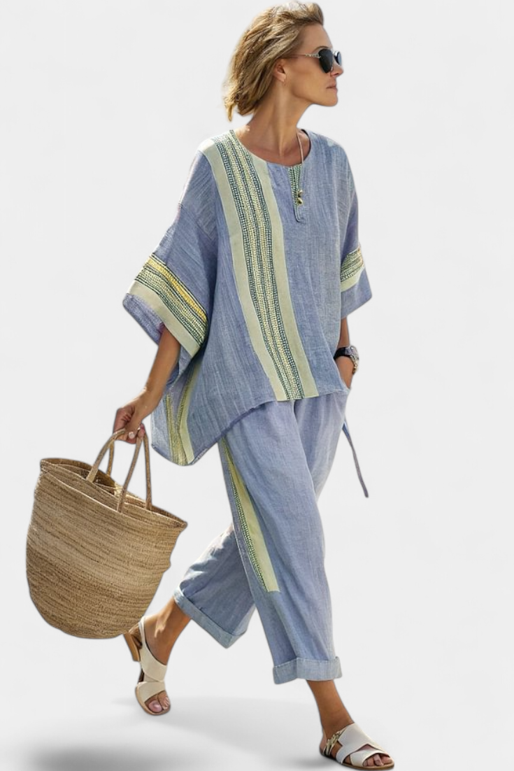 Bamboo linen set with charming lavender and yellow stripe details