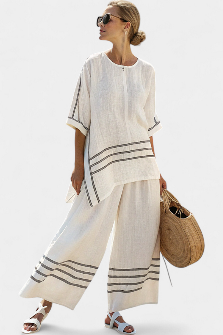 Wide-leg striped trousers with irregular cut – modern, comfortable style