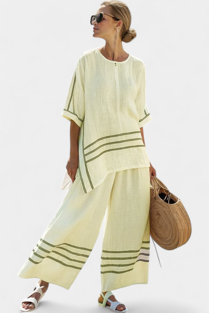 Wide-leg striped trousers with irregular cut – modern, comfortable style