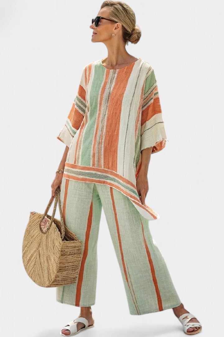 Elegant striped bamboo linen set with asymmetric blouse and wide-leg trousers for a refined style