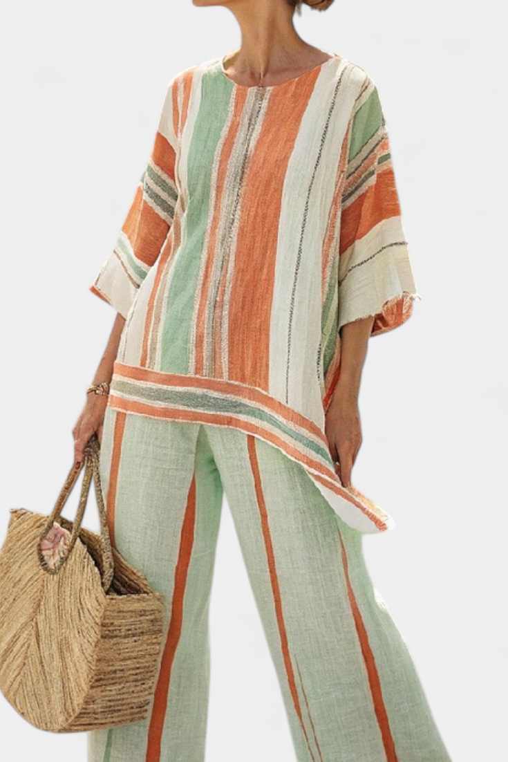 Elegant striped bamboo linen set with asymmetric blouse and wide-leg trousers for a refined style
