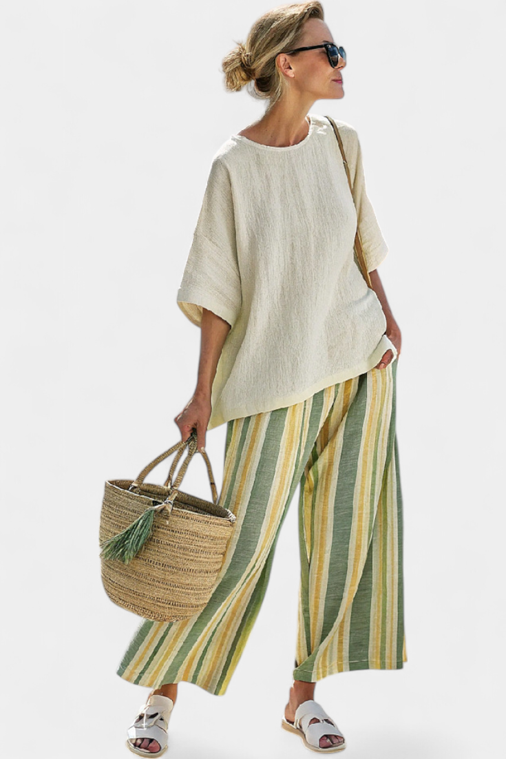 Daisy Mediterranean bamboo linen outfit with olive green stripes for a refreshing, sophisticated style