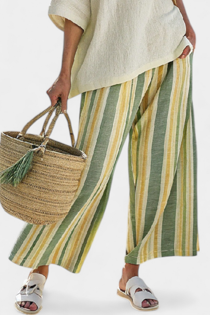Daisy Mediterranean bamboo linen outfit with olive green stripes for a refreshing, sophisticated style