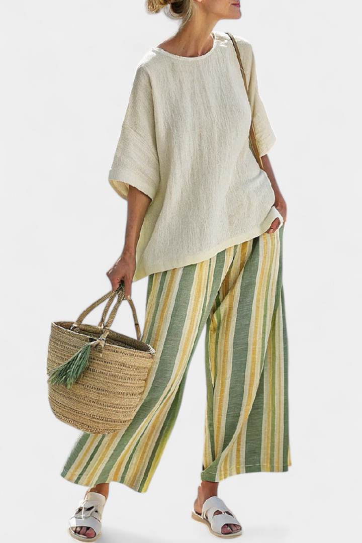 Daisy Mediterranean bamboo linen outfit with olive green stripes for a refreshing, sophisticated style