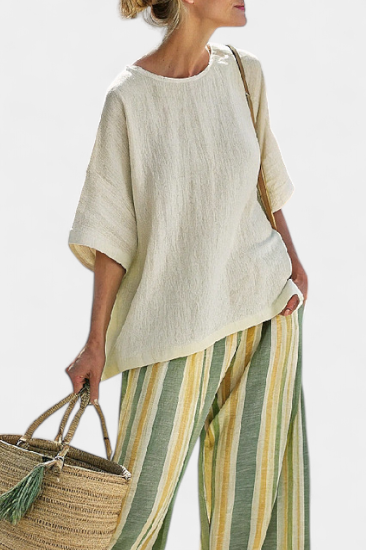 Daisy Mediterranean bamboo linen outfit with olive green stripes for a refreshing, sophisticated style