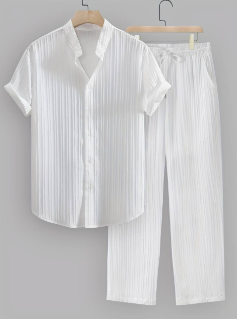Men’s Summer Two-Piece Set with Striped Shirt & Mao Collar