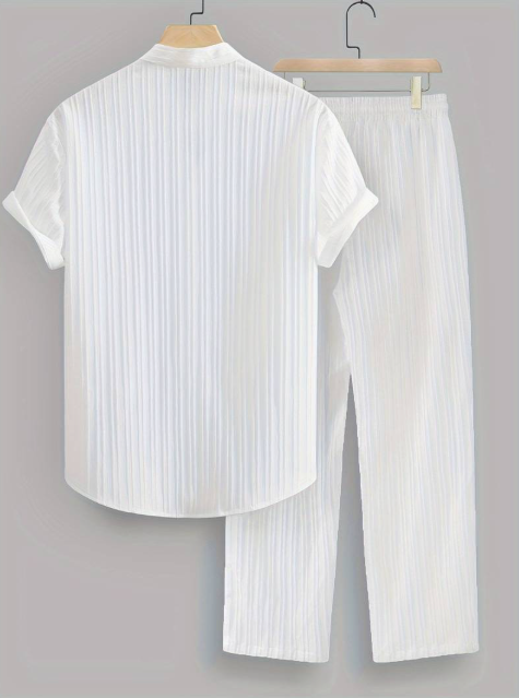 Men’s Summer Two-Piece Set with Striped Shirt & Mao Collar