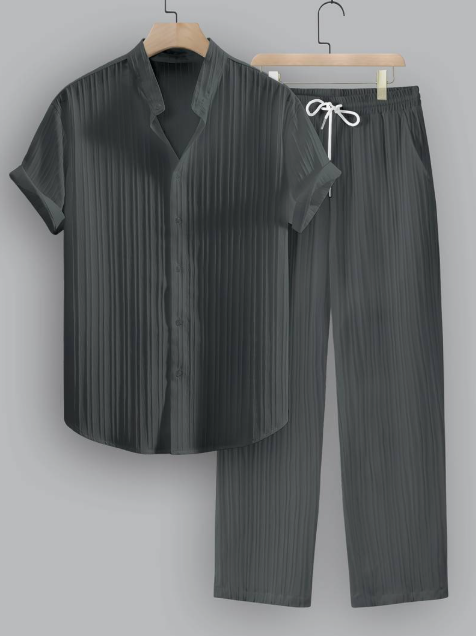 Men’s Summer Two-Piece Set with Striped Shirt & Mao Collar