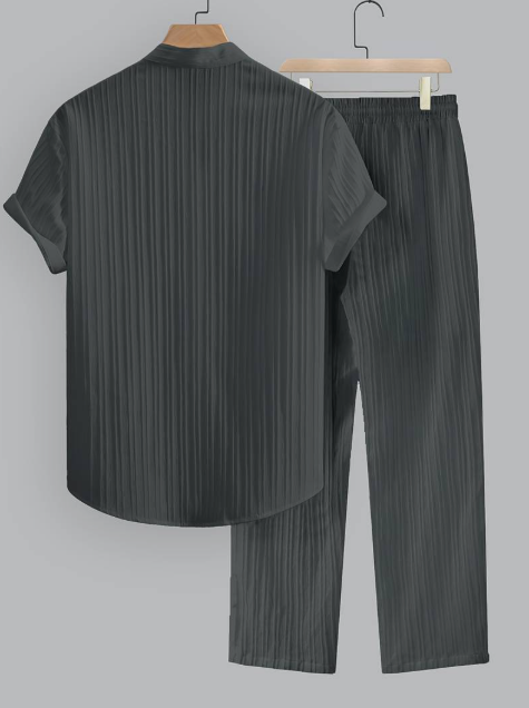 Men’s Summer Two-Piece Set with Striped Shirt & Mao Collar