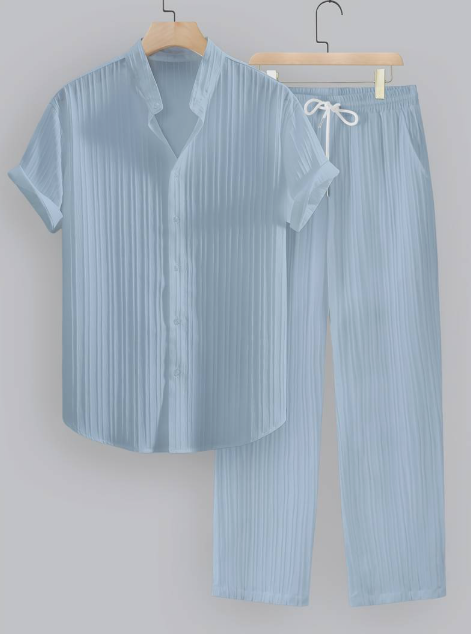 Men’s Summer Two-Piece Set with Striped Shirt & Mao Collar