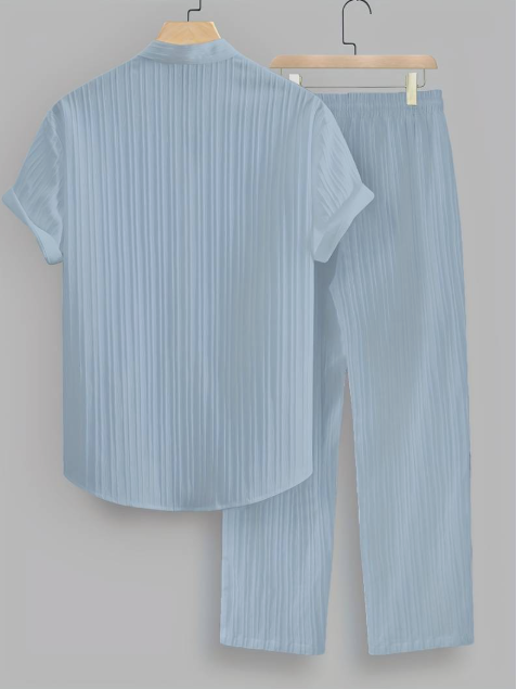 Men’s Summer Two-Piece Set with Striped Shirt & Mao Collar