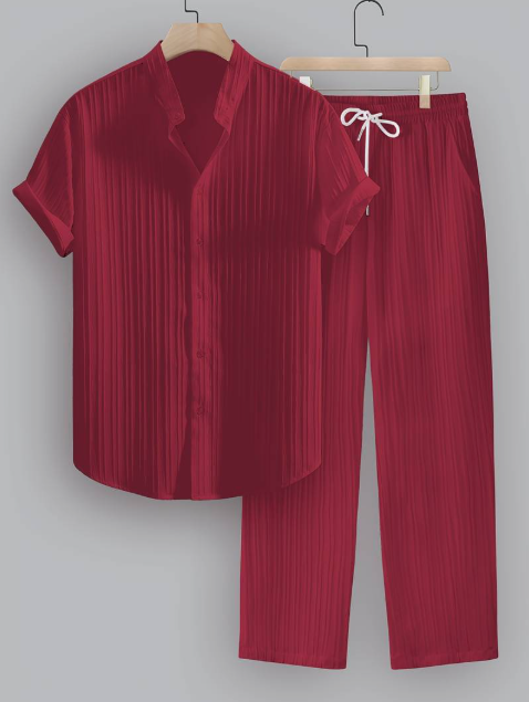 Men’s Summer Two-Piece Set with Striped Shirt & Mao Collar