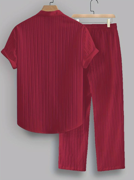 Men’s Summer Two-Piece Set with Striped Shirt & Mao Collar