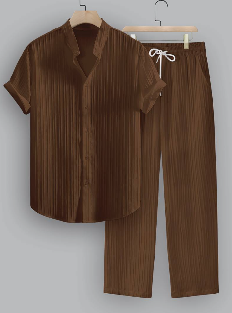 Men’s Summer Two-Piece Set with Striped Shirt & Mao Collar