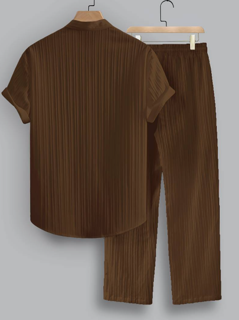 Men’s Summer Two-Piece Set with Striped Shirt & Mao Collar