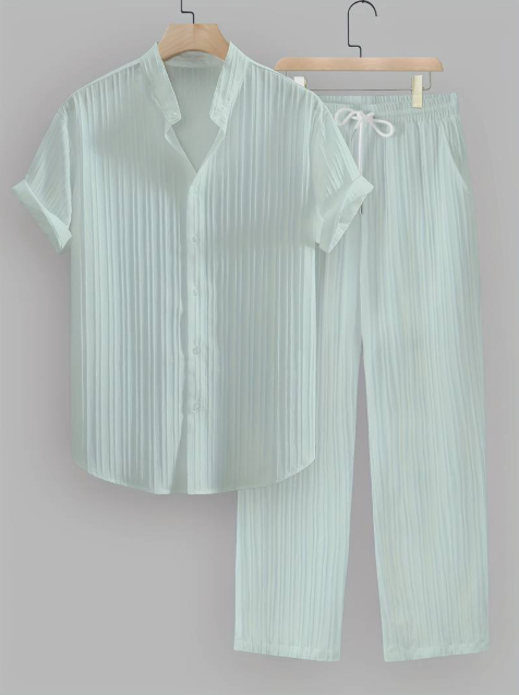 Men’s Summer Two-Piece Set with Striped Shirt & Mao Collar