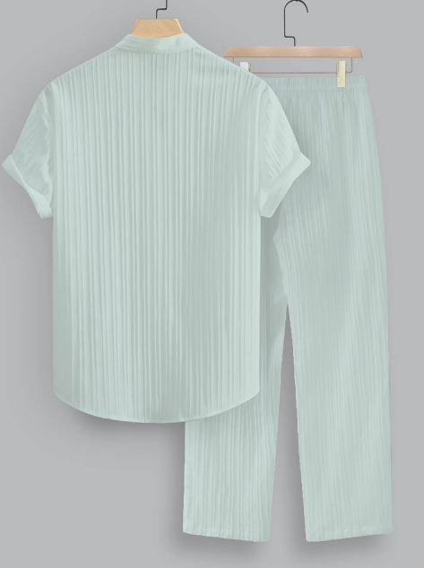 Men’s Summer Two-Piece Set with Striped Shirt & Mao Collar