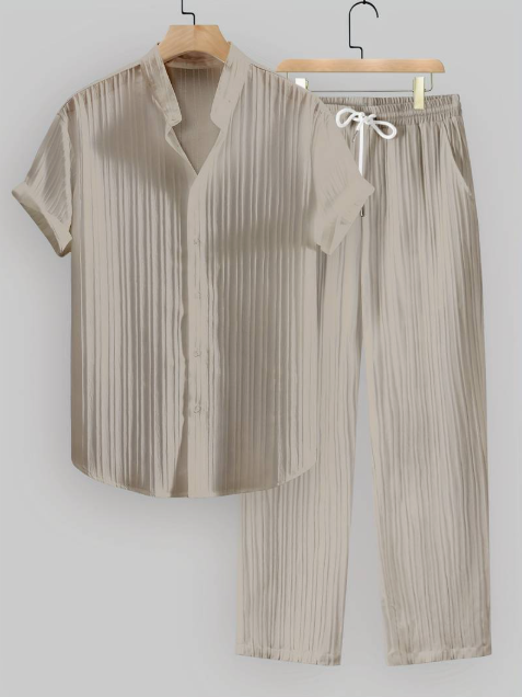 Men’s Summer Two-Piece Set with Striped Shirt & Mao Collar