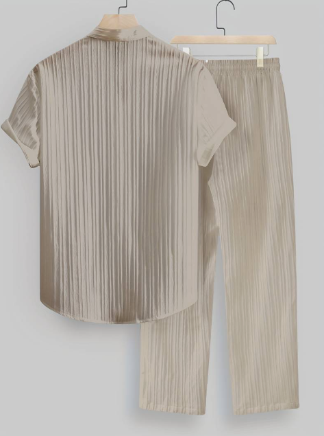 Men’s Summer Two-Piece Set with Striped Shirt & Mao Collar