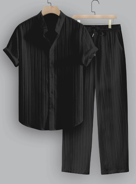Men’s Summer Two-Piece Set with Striped Shirt & Mao Collar