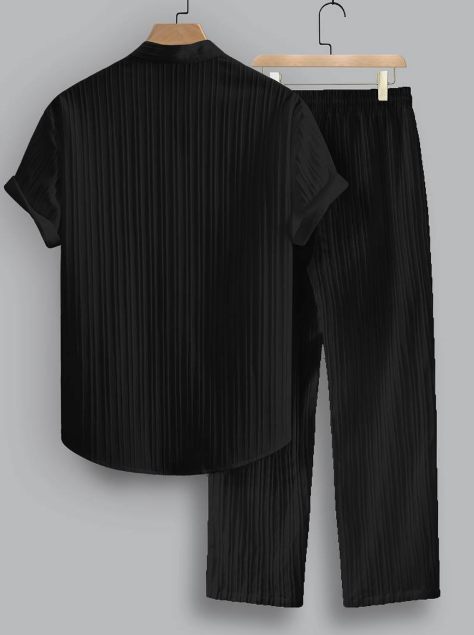 Men’s Summer Two-Piece Set with Striped Shirt & Mao Collar