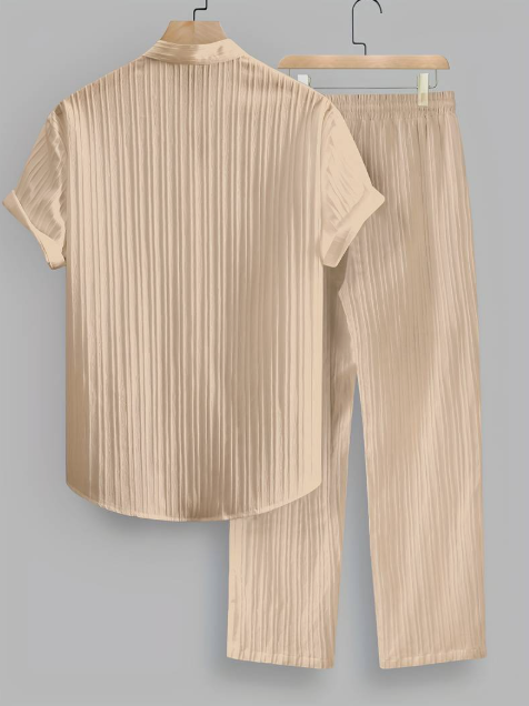 Men’s Summer Two-Piece Set with Striped Shirt & Mao Collar