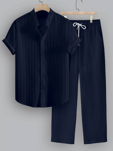 Men’s Summer Two-Piece Set with Striped Shirt & Mao Collar