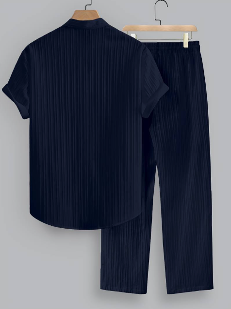 Men’s Summer Two-Piece Set with Striped Shirt & Mao Collar