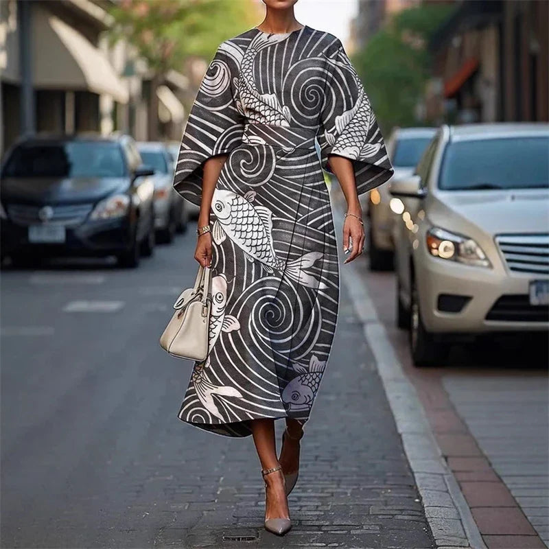Optical Stripe Fit-and-Flare Midi Dress for Women