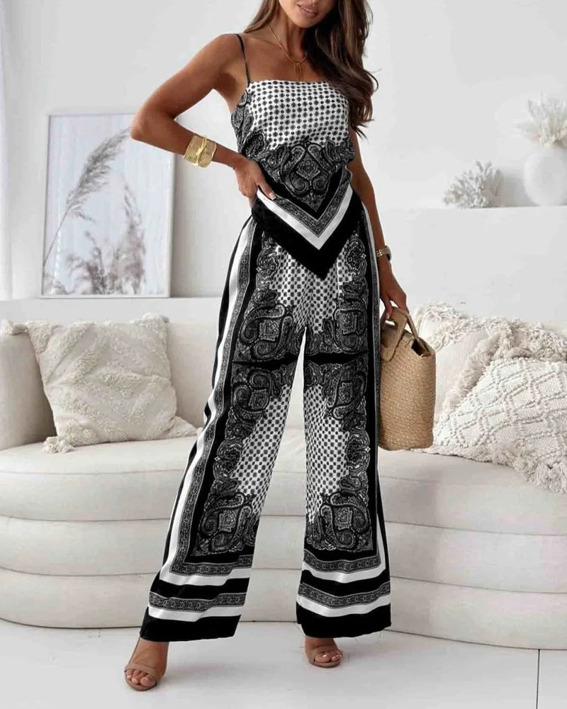 Alya | Elegant two-piece set with waistcoat and lace-up printed trousers