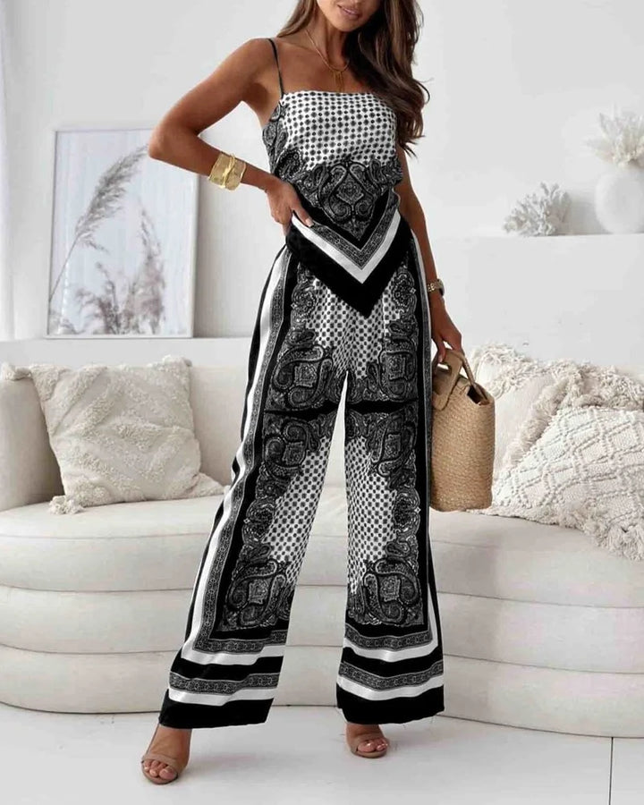 Alya | Elegant two-piece set with waistcoat and lace-up printed trousers