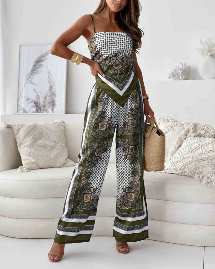 Alya | Elegant two-piece set with waistcoat and lace-up printed trousers