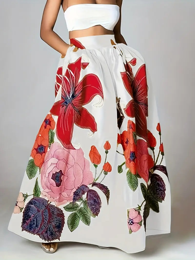 Women’s Floral Print Maxi Skirt with Pockets
