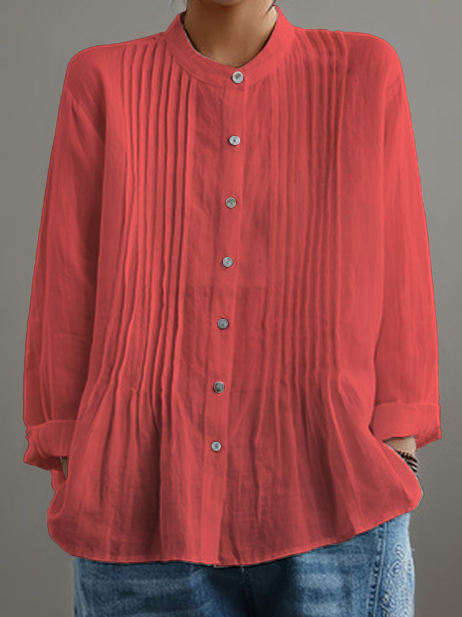 Delilah | Pleated Long-Sleeve Blouse with Mandarin Collar