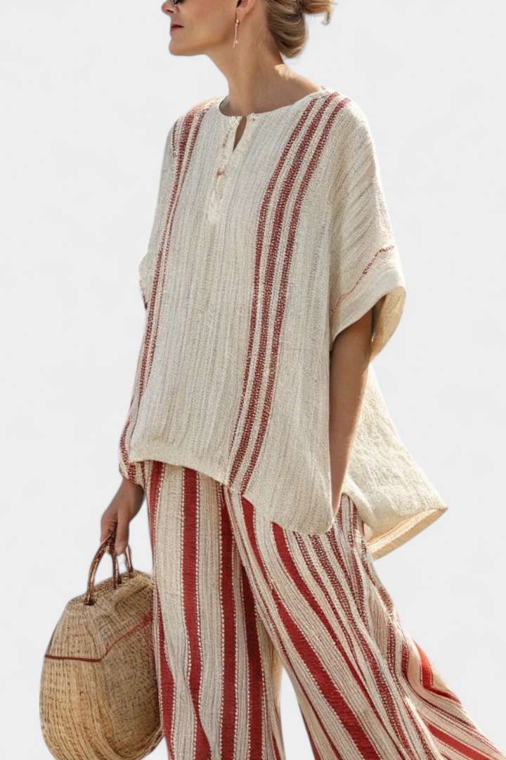 Daisy elegant two-piece outfit with red stripes in a natural texture