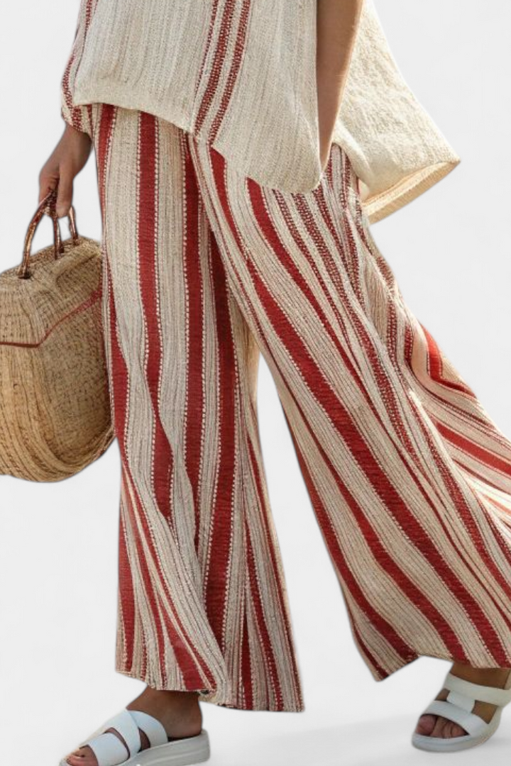 Daisy elegant two-piece outfit with red stripes in a natural texture