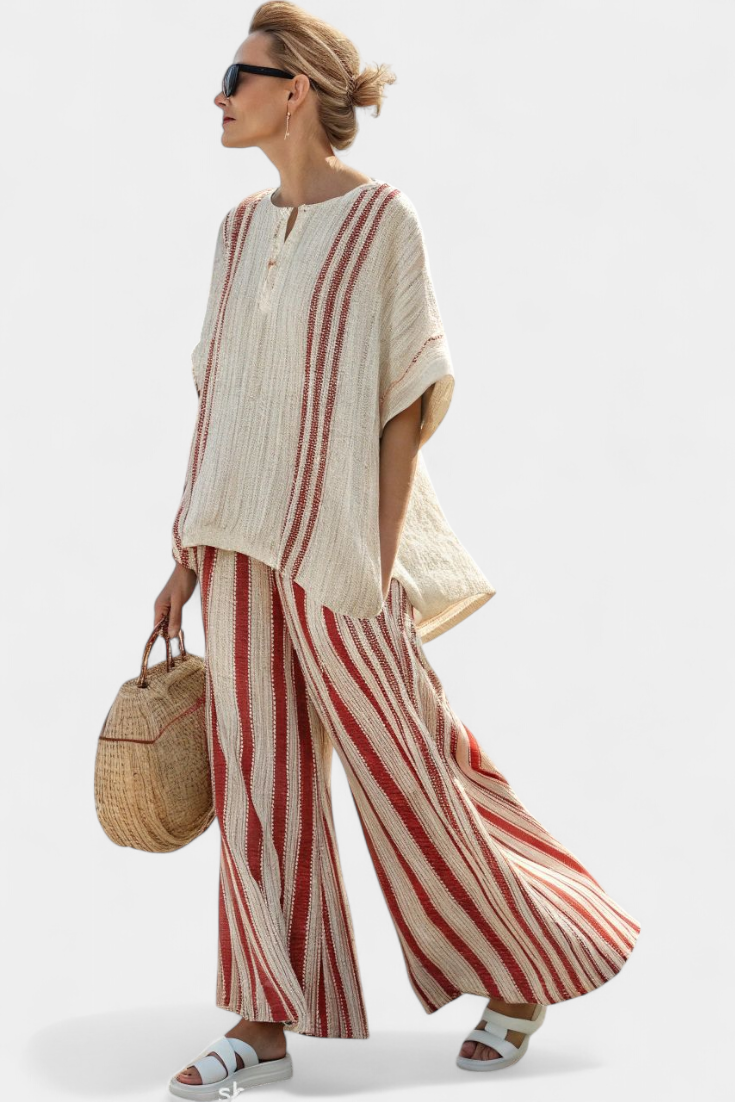 Daisy elegant two-piece outfit with red stripes in a natural texture