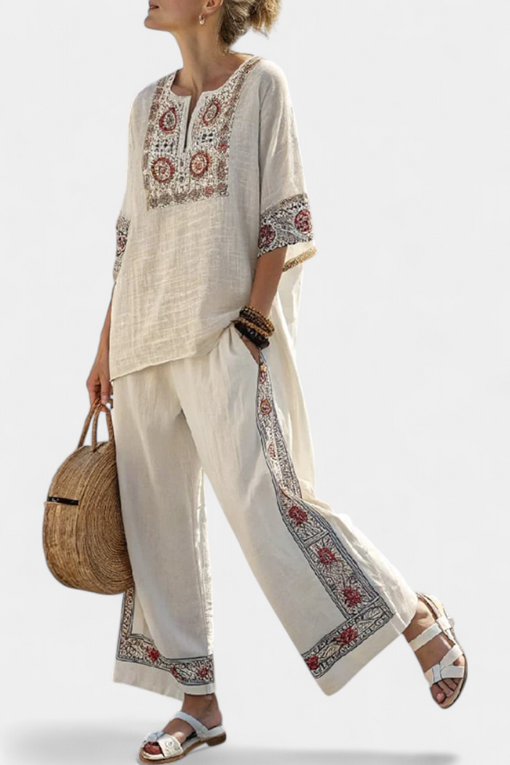 Daisy Mediterranean bamboo linen outfit with elegant red and green stripes