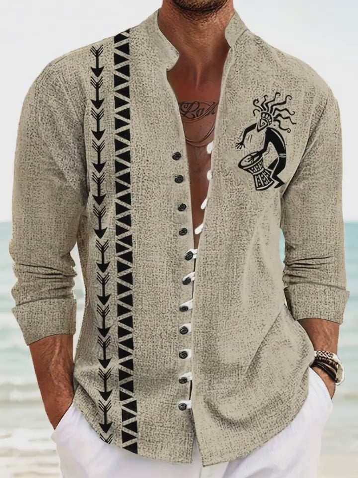 MEN'S | CASUAL MANDARIN COLLAR SHIRT WITH 3D TRIBAL TOTEM PRINT